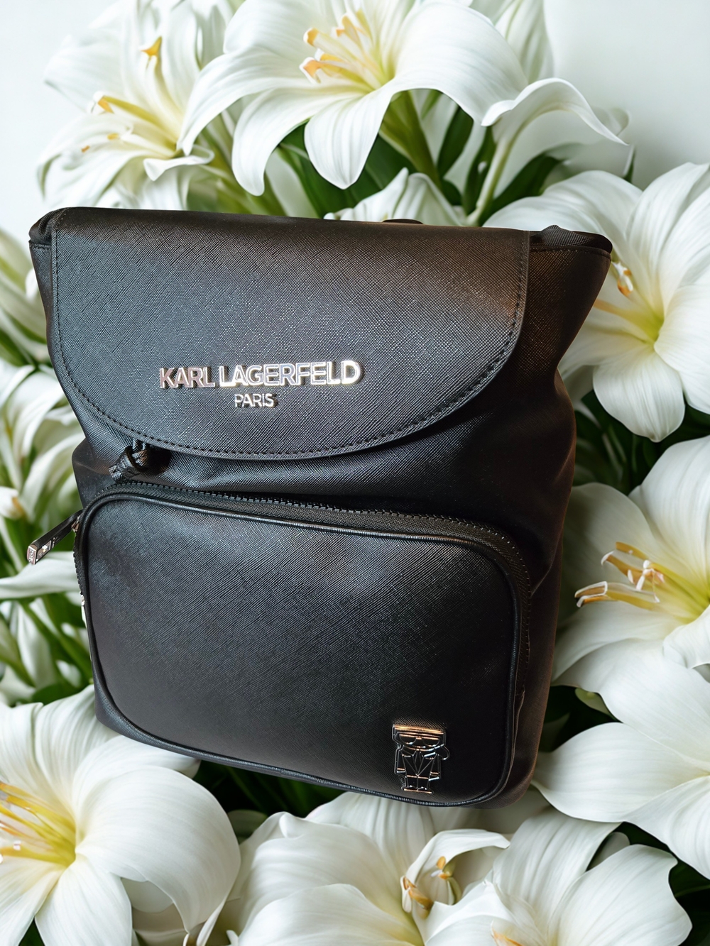 Karl Lagerfeld Black Saffiano Backpack - Logo Front
